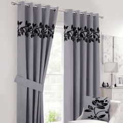 Floral Velvet Curtains Black Grey