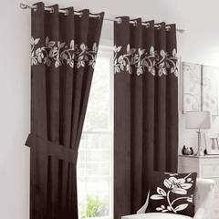 Floral Velvet Curtains White Brown