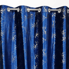 Premium Golden Textured Velvet Curtain - Blue