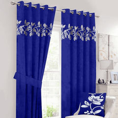 Floral Velvet Curtains White Blue