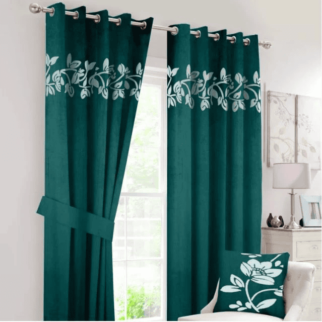 Floral Velvet Curtains White Green