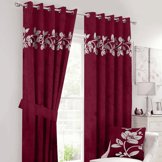 Floral Velvet Curtains White Maroon