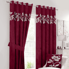 Floral Velvet Curtains White Maroon