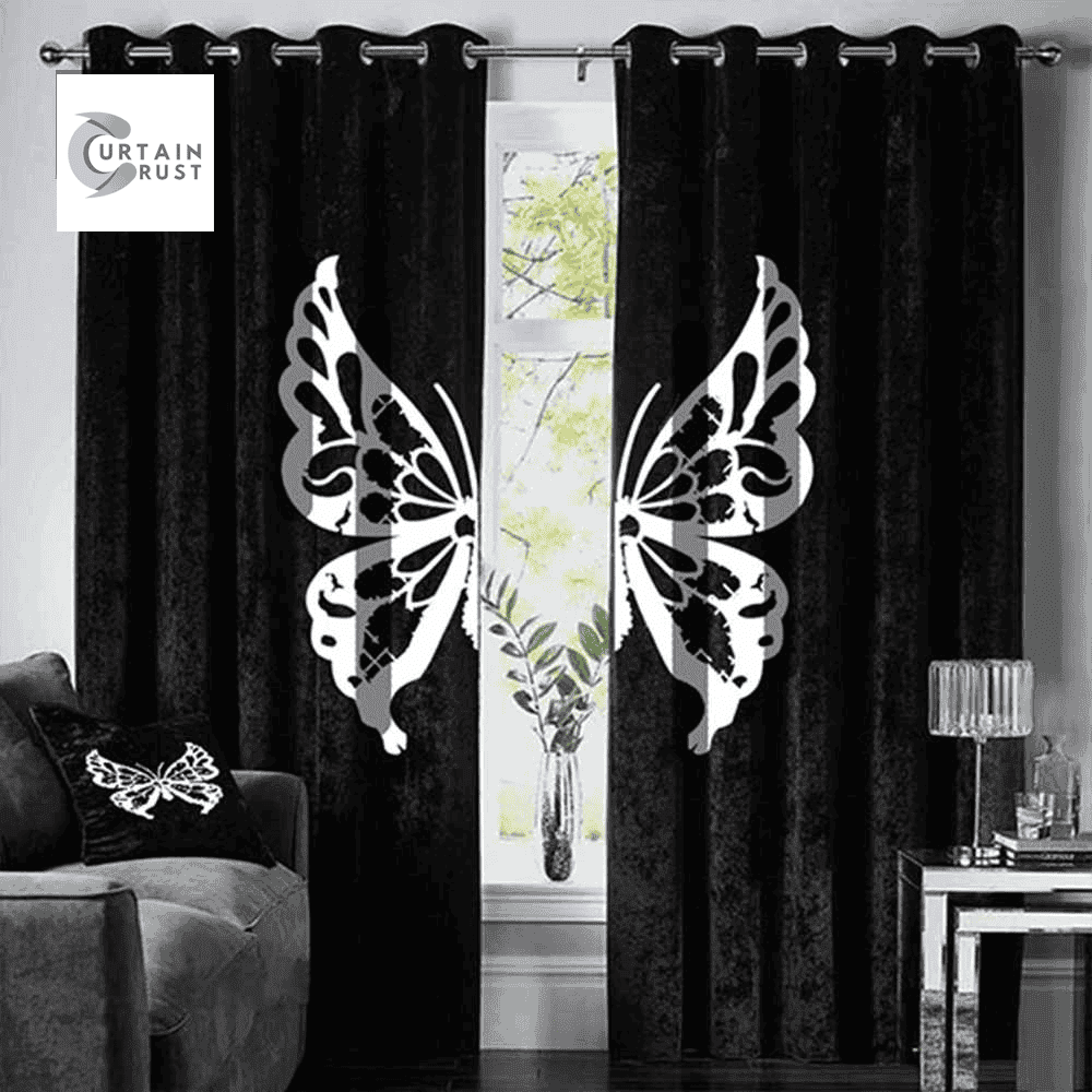 Premium Butterfly Velvet Curtain -  Black