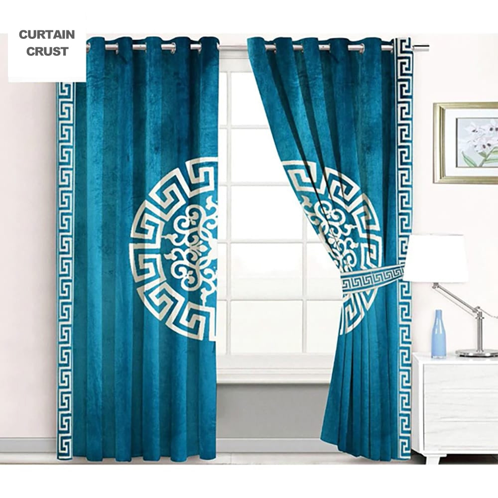 premium versace motif velvet curtain - Cyan