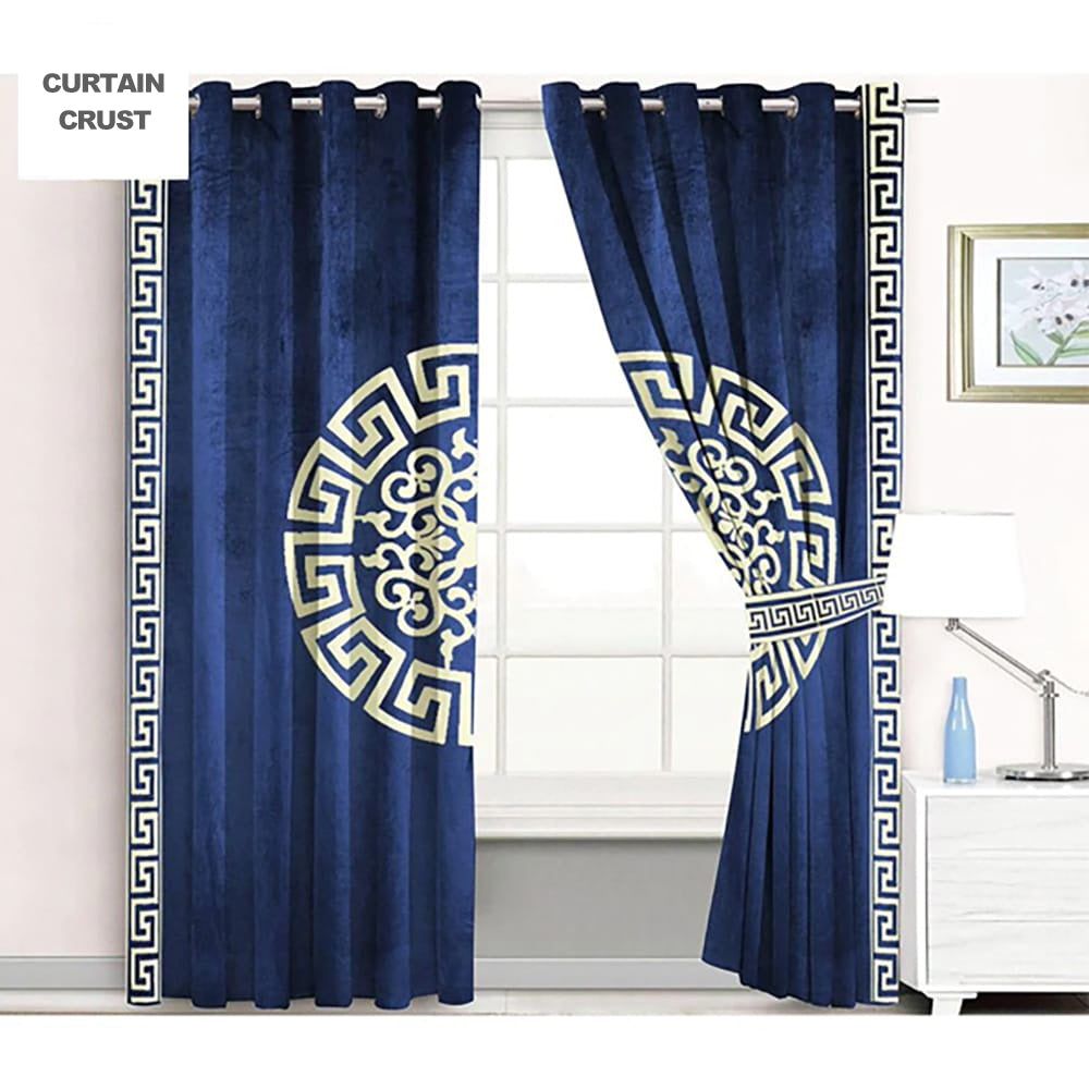 premium versace motif velvet curtain - blue